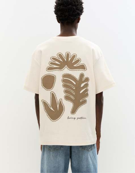 Pull&Bear - T-shirt met geborduurde planten in gebroken wit - view 1
