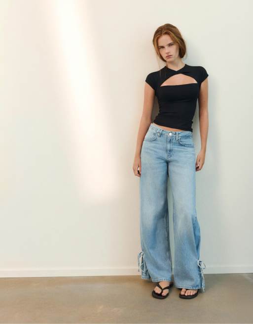 Pull&Bear T-shirt met geknoopte halslijn in zwart, 4 van 7
