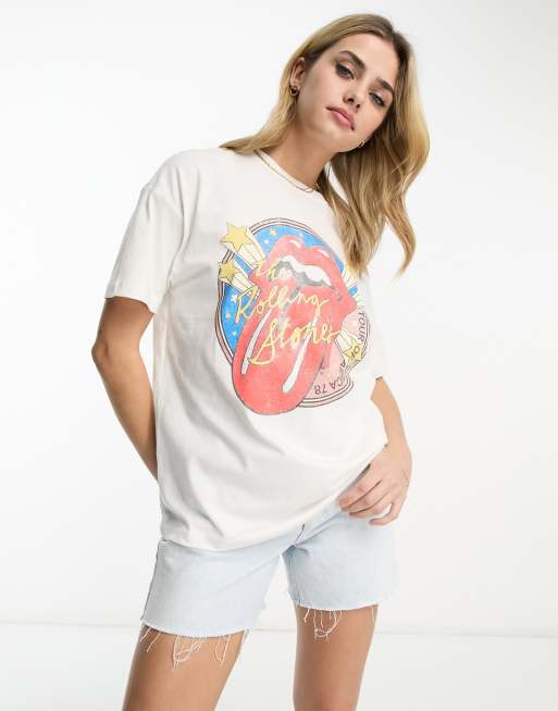 Pull&Bear - T-shirt met grafisch Rolling Stones-print in wit