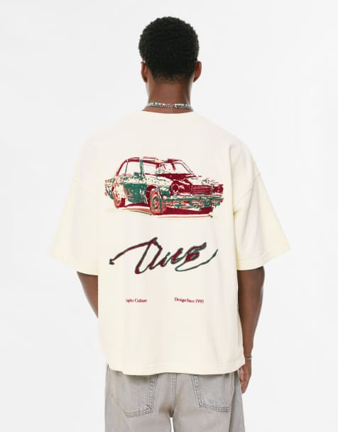 Pull&Bear - T-shirt met grafische autoprint in gebroken wit - view 1
