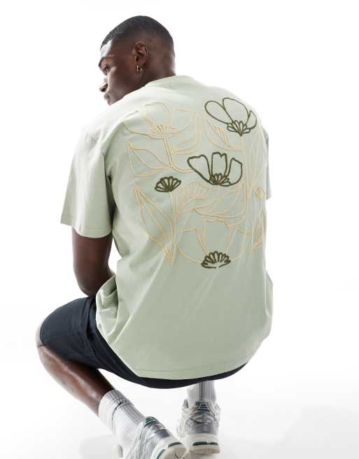 Pull&Bear - T-shirt met grafische bloemenprint op de achterkant in salie