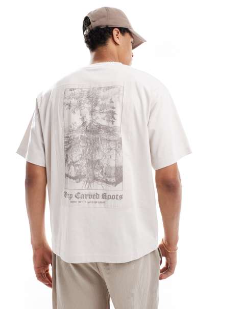 Pull&Bear - T-shirt met grafische boomprint op de achterkant in stone - view 1