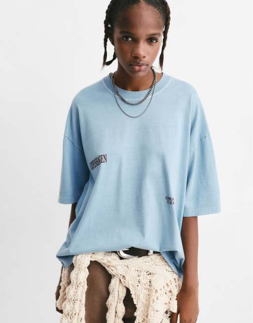 Pull&Bear - T-shirt met grafische 'Copenhagen' print in pastelblauw