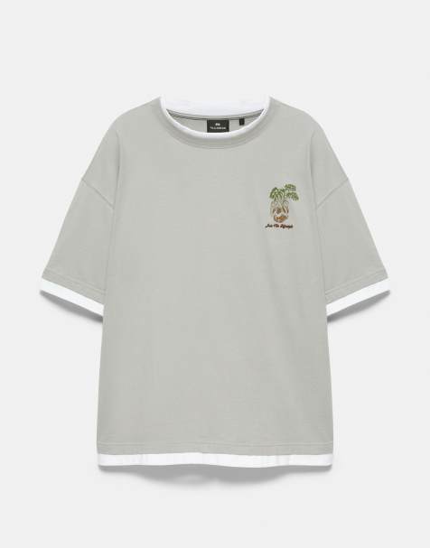 Pull&Bear - T-shirt met grafische kokosnootprint in blauwachtig grijs - view 1