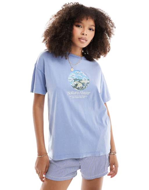 Pull&Bear - T-shirt met grafische kustprint in blauw met wassing