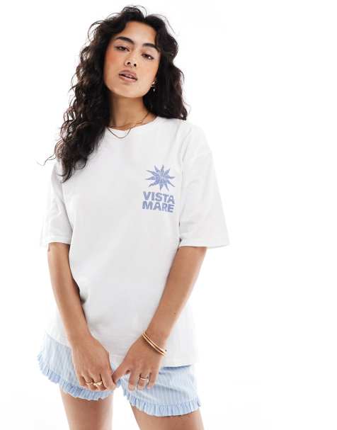 Pull&Bear - T-shirt met grafische Vista Mare-print in wit - view 1