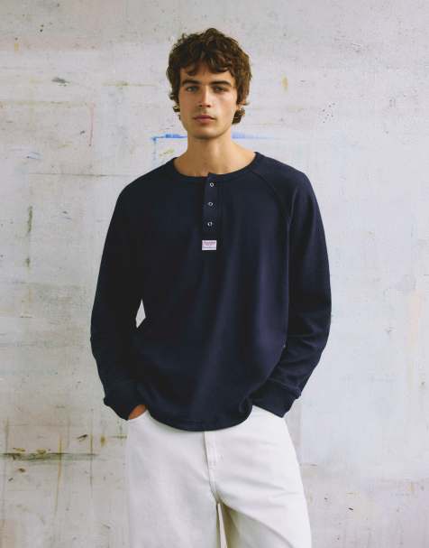 Pull&Bear T-shirt met henleykraag in blauw - view 1