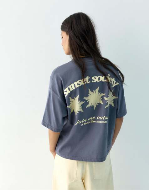 Pull&Bear - T-shirt met korte mouwen en grafische print in grijs - view 1