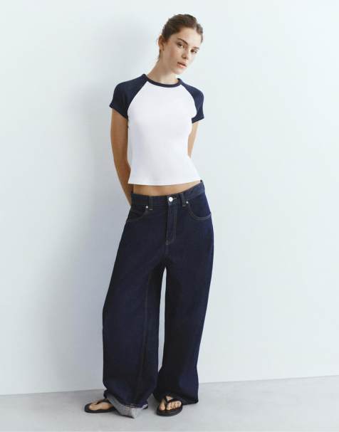 Pull&Bear - T-shirt met korte raglanmouwen in marineblauw - view 1