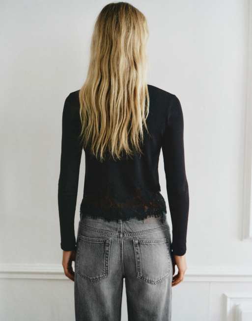 Pull&Bear T-shirt met lange mouwen en kanten zoom in zwart, 2 van 7