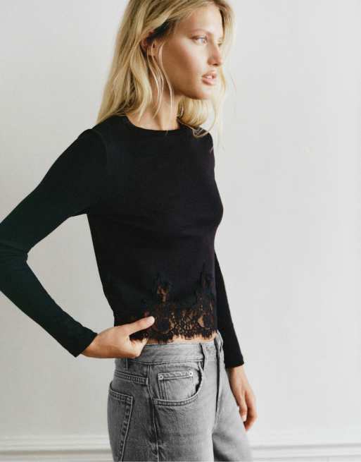 Pull&Bear T-shirt met lange mouwen en kanten zoom in zwart, 3 van 7