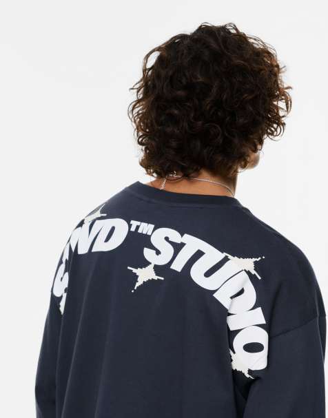Pull&Bear - T-shirt met lange mouwen en STWD Studio-print in blauw - view 1