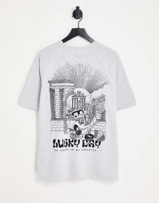 Pull&Bear - T-shirt met print 'Lucky day' in grijs