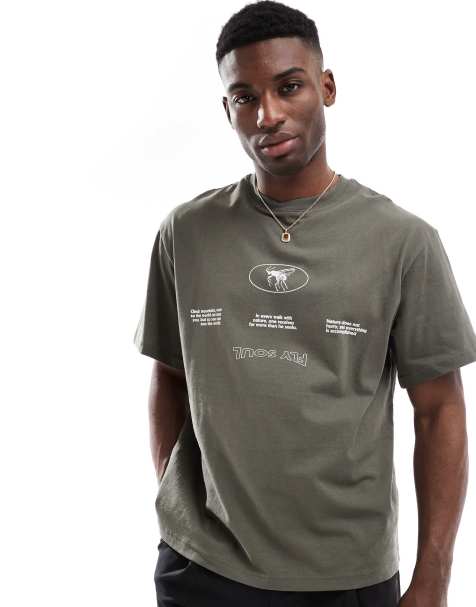 Pull&Bear - T-shirt met print op de achterkant in kaki - view 1