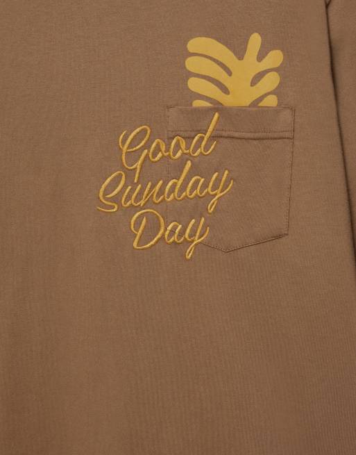 Pull&Bear - T-shirt met rechte pasvorm en zak met grafische print in bruin, 6 van 7