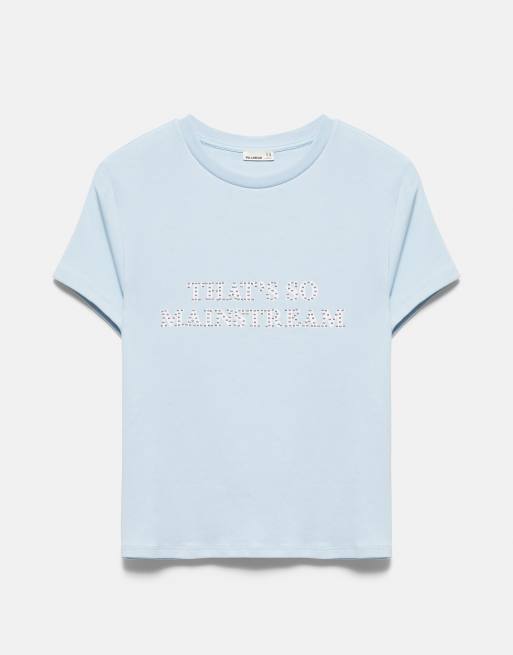 Pull&Bear T-shirt met studs en slogan in lichtblauw, 5 van 7