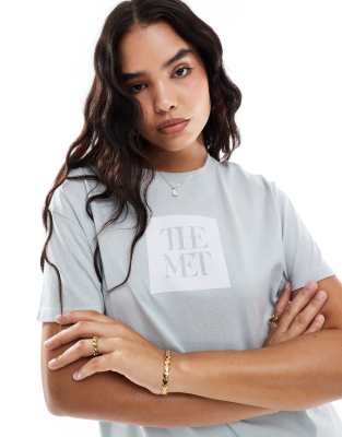 Pull&Bear - T-shirt met 'The Met'-print in lichtblauw