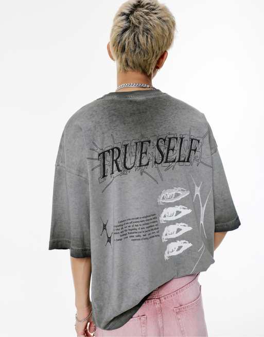 Pull&Bear - T-shirt met 'True Self'-print in zwart met wassing