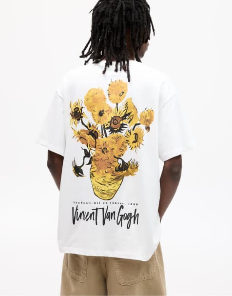 Pull&Bear - T-shirt met Van Gogh zonnebloemen in gebroken wit - view 1