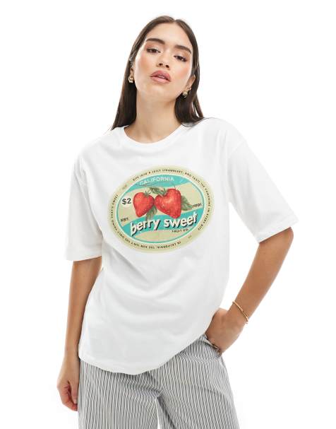 Pull&Bear - T-shirt met vintage print van aardbei in wit - view 1