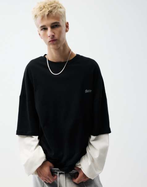 Pull&Bear T-Shirt mit doppelten Ärmeln in Schwarz - view 1