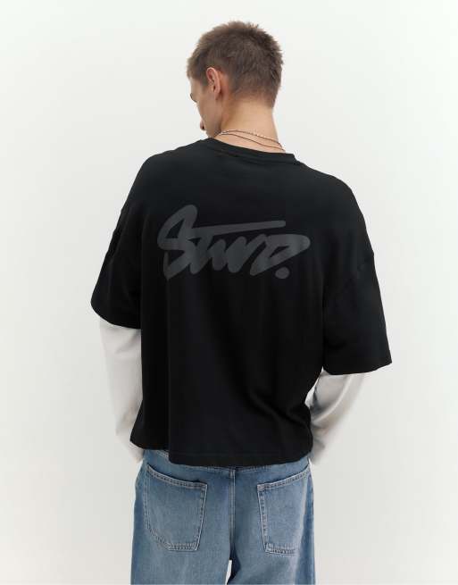 Pull&Bear T-Shirt mit doppelten Ärmeln in Schwarz, 2 von 7