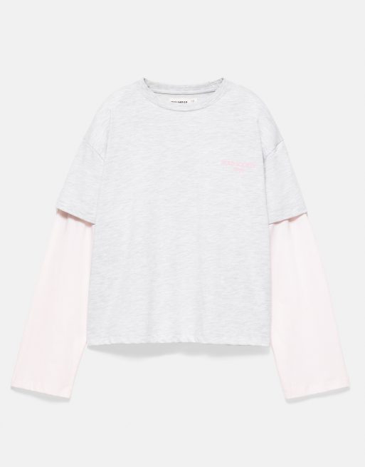 Pull&Bear T-Shirt mit doppelten Ärmeln und Slogan in Hellgrau, 4 von 6
