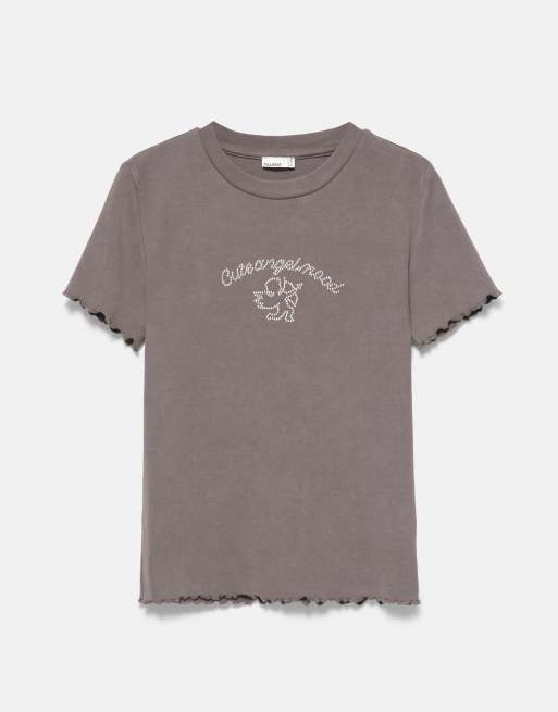 Pull&Bear T-Shirt mit Engel-Strassmotiv in Grau, 6 von 7