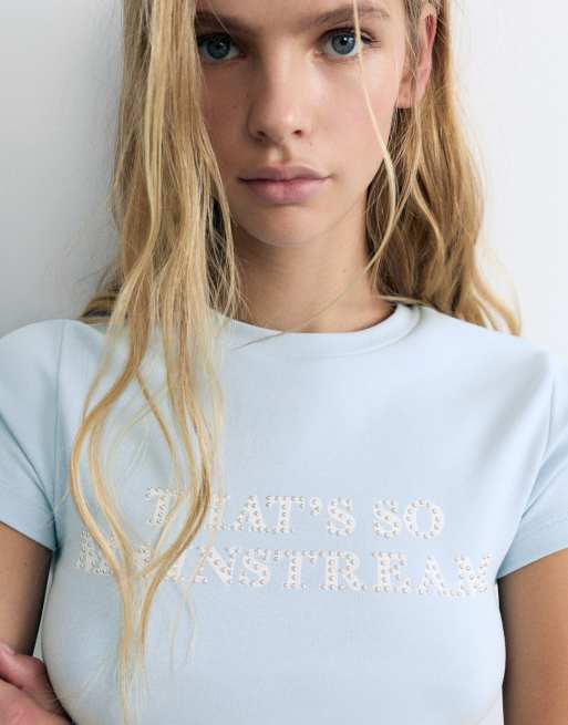 Pull&Bear T-Shirt mit Nieten und Slogan in Hellblau, 3 von 7