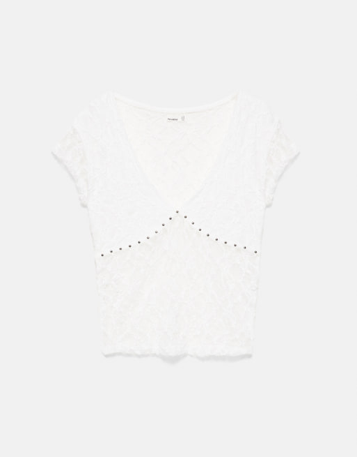Pull&Bear T-Shirt mit Nieten und Spitze in Weiß, 6 von 7