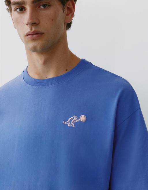 Pull&Bear T-Shirt mit Relaxed Fit, Struktur und Grafik in Dunkelblau, 3 von 7