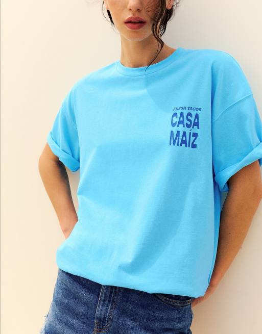 Pull&Bear T-Shirt mit Taco-Print in Hellblau, 3 von 7