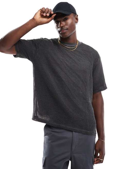 Pull&Bear - T-shirt nera in rete a doppio strato