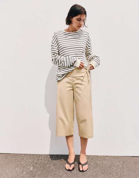 Pull&Bear T-shirt oversize a maniche lunghe a righe color vaniglia - view 1