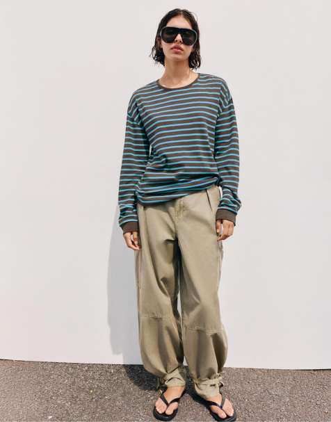Pull&Bear T-shirt oversize a maniche lunghe a righe marrone - view 1