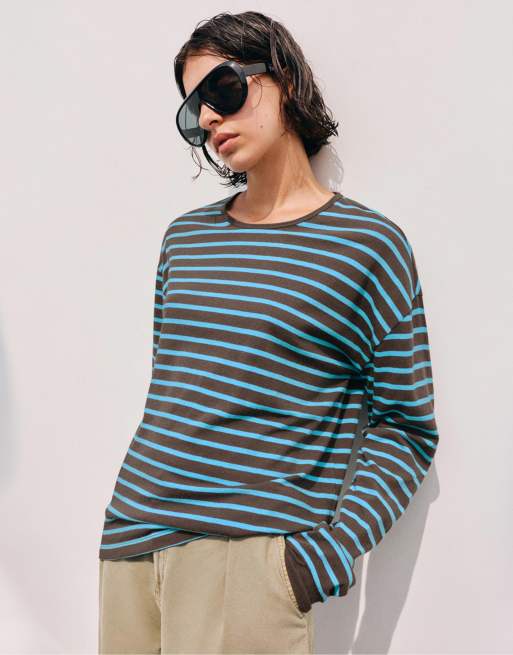 Pull&Bear T-shirt oversize a maniche lunghe a righe marrone, 4 di 7