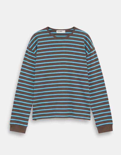 Pull&Bear T-shirt oversize a maniche lunghe a righe marrone, 6 di 7