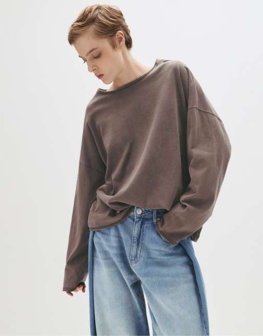 Pull&Bear - T-shirt oversize a maniche lunghe color melanzana