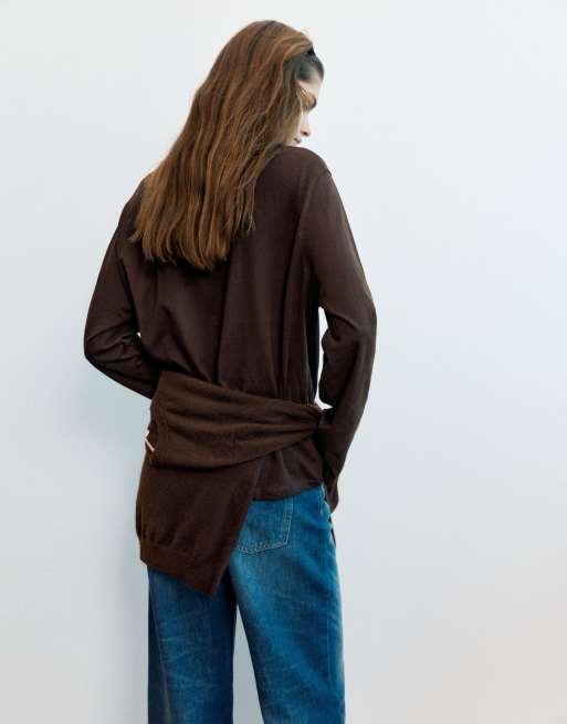 Pull&Bear T-shirt oversize a maniche lunghe marrone, 2 di 7