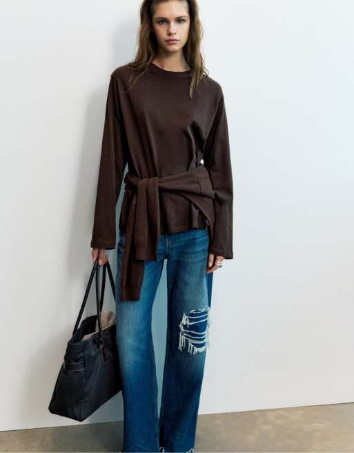Pull&Bear T-shirt oversize a maniche lunghe marrone, 5 di 7