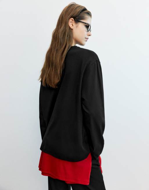 Pull&Bear T-shirt oversize a maniche lunghe nera, 2 di 7