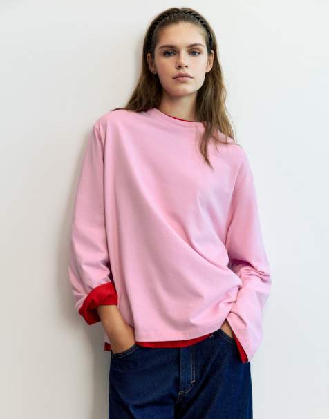 Pull&Bear T-shirt oversize a maniche lunghe rosa - view 1