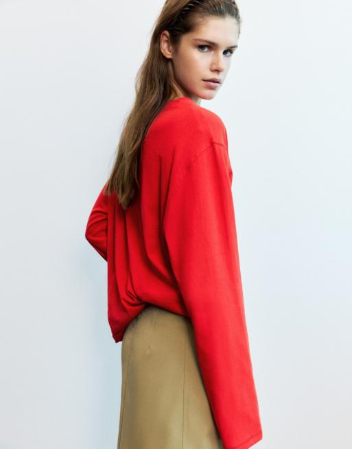 Pull&Bear T-shirt oversize a maniche lunghe rossa, 2 di 7