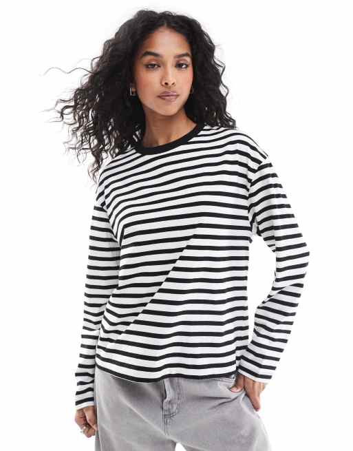 Pull&Bear - T-shirt oversize à rayures et manches longues - Écru et noir, 3 de 4