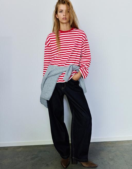 Pull&Bear t-shirt oversize a righe con slogan rossa, 4 di 7