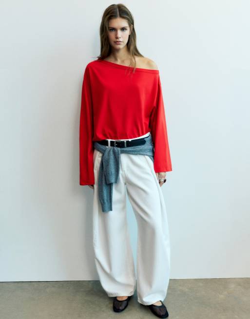 Pull&Bear T-shirt oversize asimmetrica rossa, 4 di 6