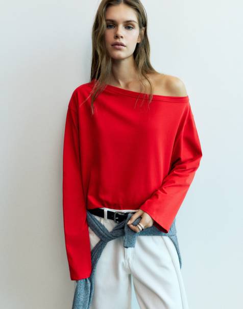 Pull&Bear t-shirt oversize asymétrique rouge - view 1