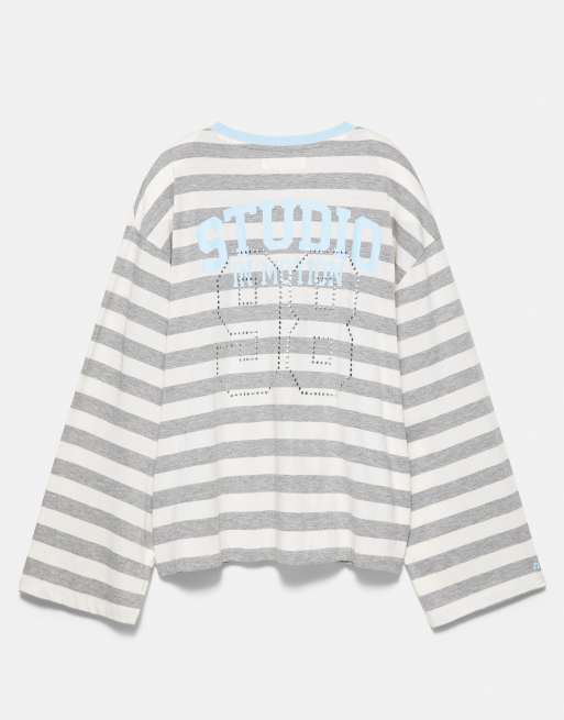 Pull&Bear T-shirt oversize grafica a righe in grigio mélange, 7 di 7