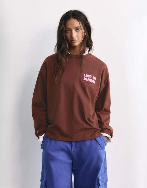 Pull&Bear T-shirt oversize grafica marrone - view 1