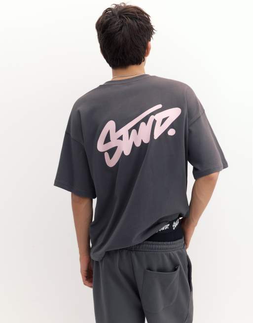 Pull&Bear - T-shirt oversize squadrata grigia con logo Stwd, 2 di 7